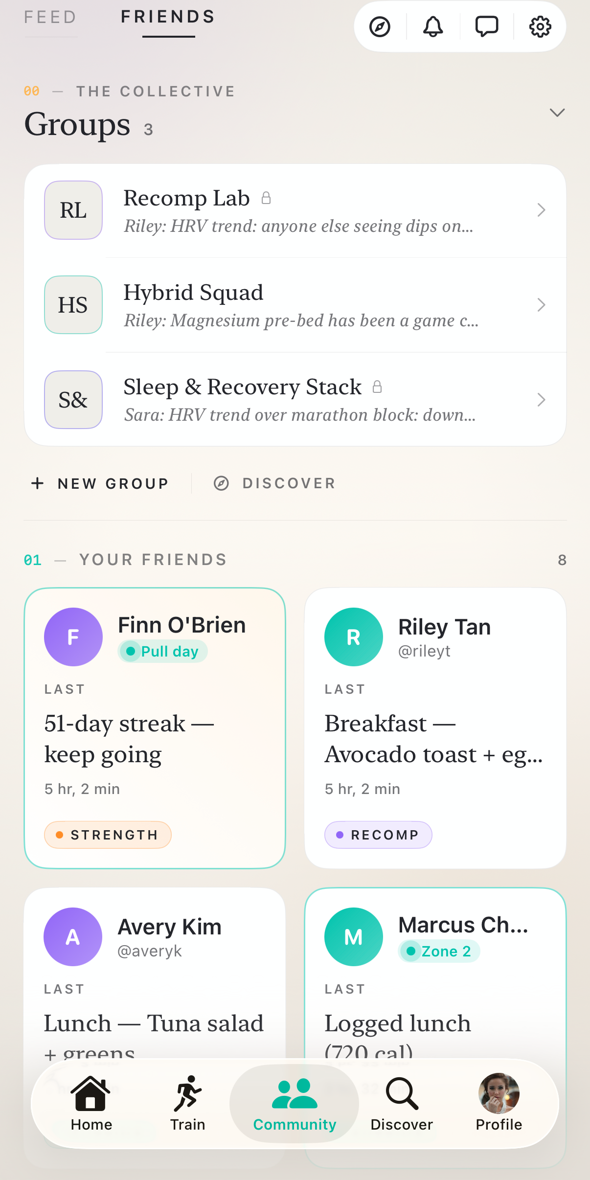 Epti Friends tab showing private groups Recomp Lab, Hybrid Squad, Sleep & Recovery Stack and friends Finn, Riley, Avery, Marcus