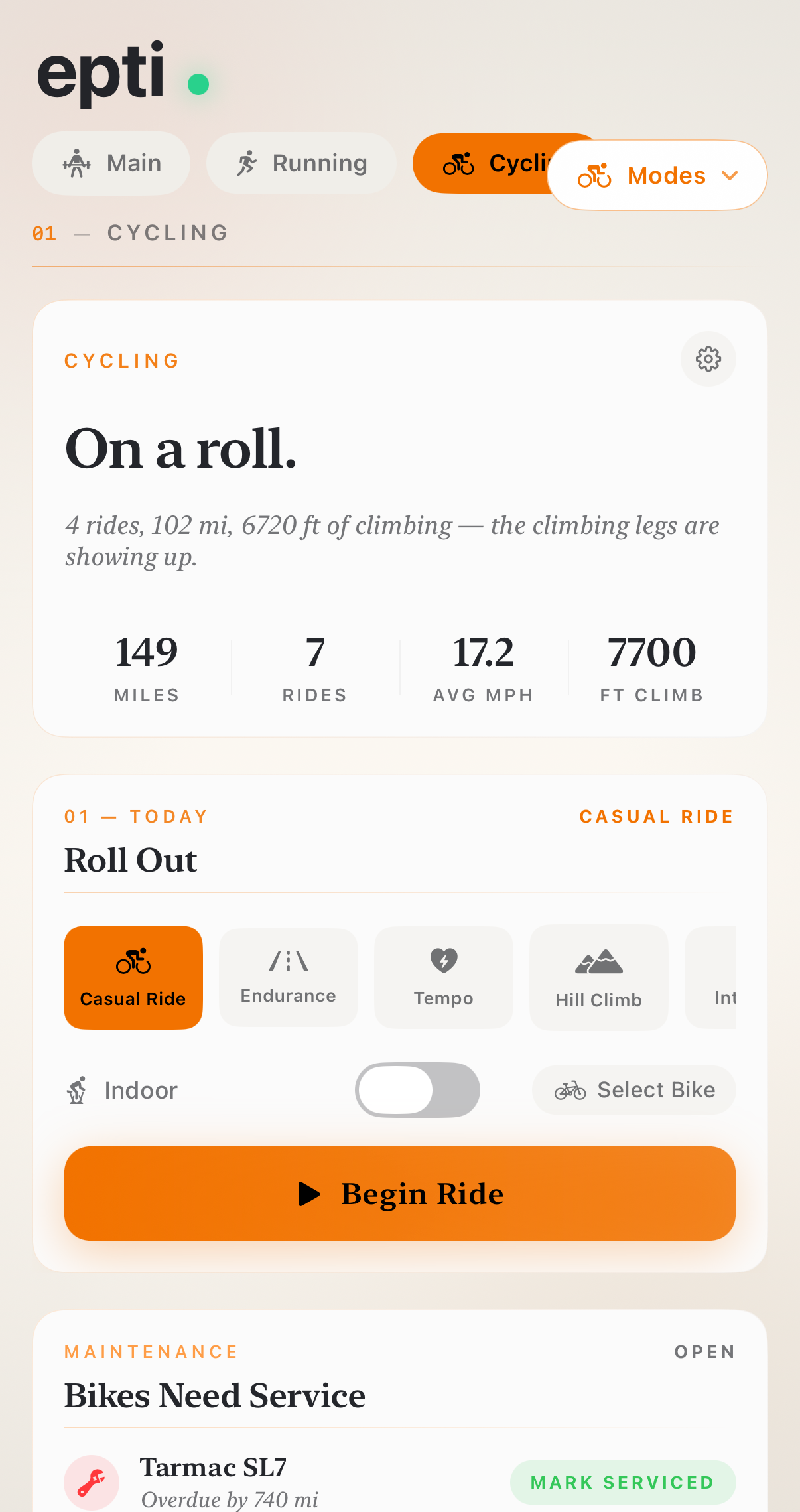 Epti Cycling mode: On a roll — 149 mi this week, 7 rides, 17.2 avg mph, 7700 ft climb, today's Roll Out casual ride prescription, bike garage with Tarmac SL7 and Diverge service alerts