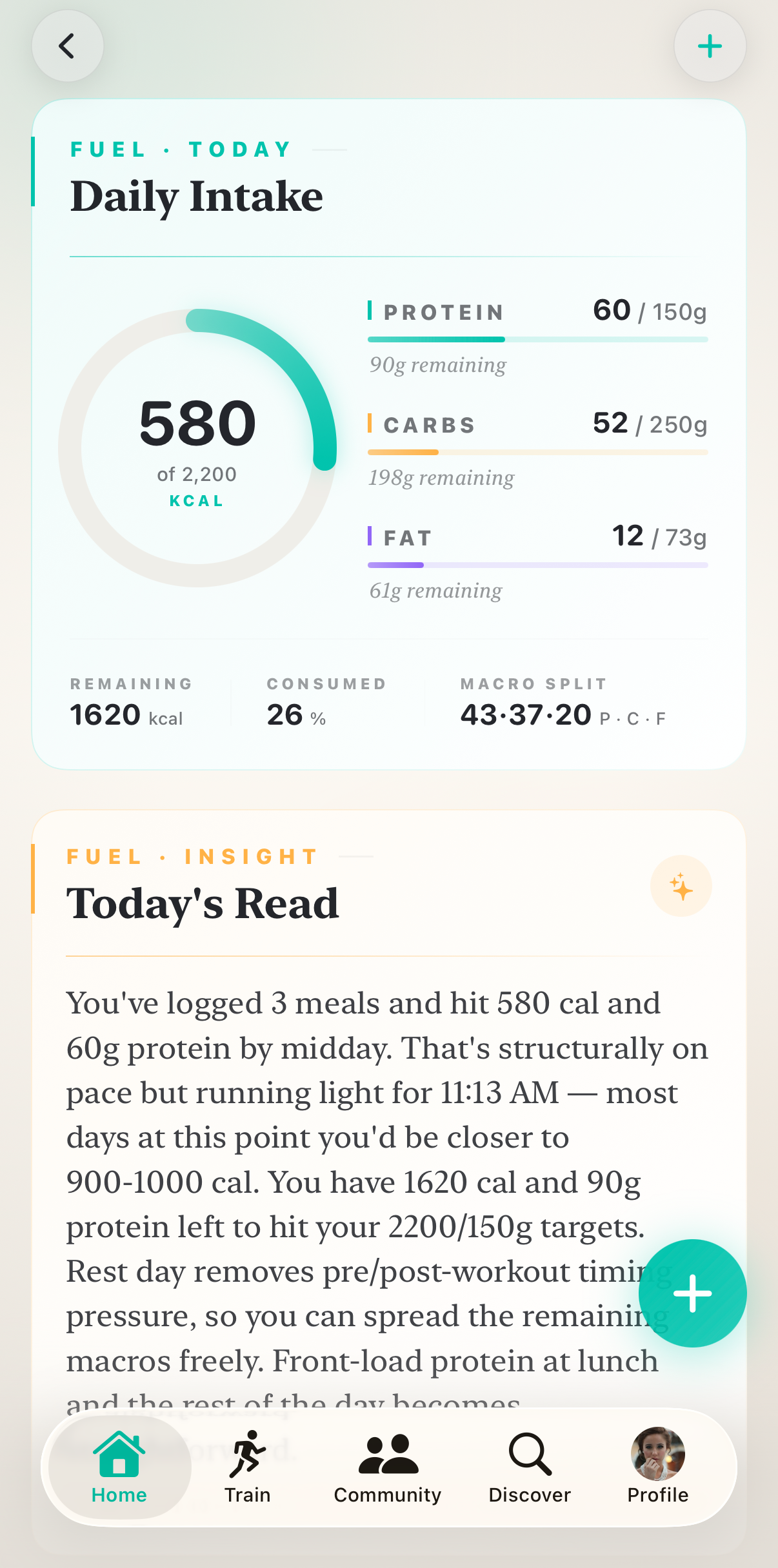 Epti Daily Intake screen: 580 of 2,200 kcal ring, protein/carbs/fat macro bars, and Today's Read AI insight