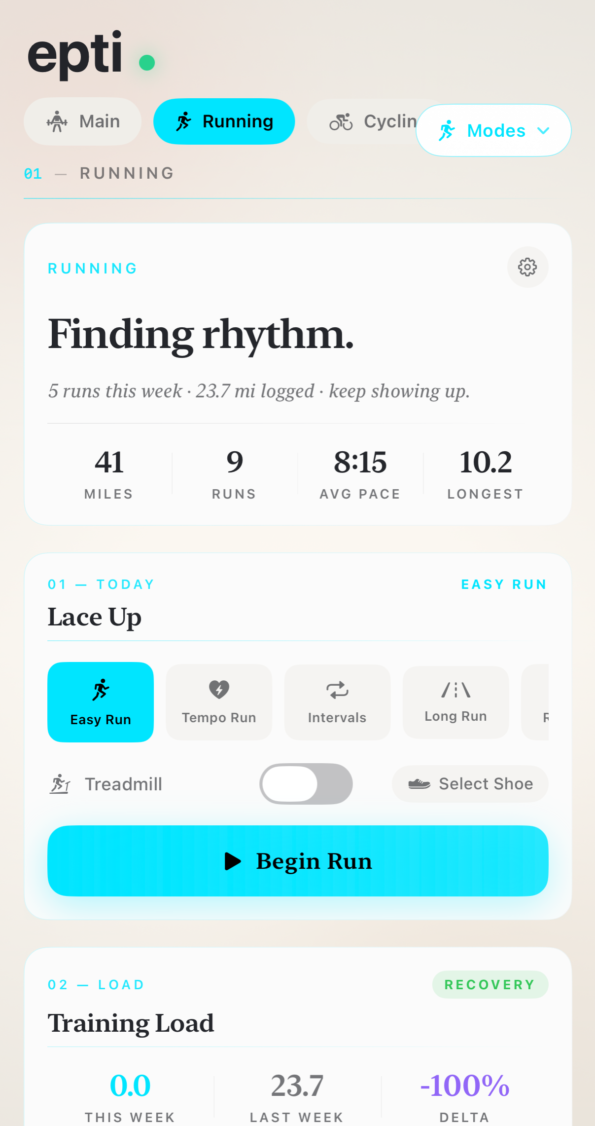 Epti Running mode: Finding rhythm — 41 mi this week, 9 runs, 8:15 avg pace, today's Lace Up Easy Run prescription